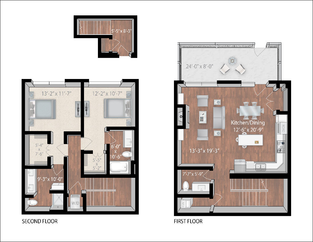 Floor plan for 2 beds, 2.5 baths, 1803 sqft